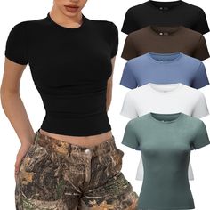 PRICES MAY VARY. High-quality: Crafted from a luxuriously soft and skin-friendly fabric, our basic tops for woman offer a second-skin feel. 5 piece Y2k shirts are made of 90% polyester and 10% spandex. High quality elastic fabric,light weight, super soft and skin-friendly, make you more comfortable to wear. Timeless Crop Tops Design: Discover the charm of our short sleeve t shirts - Going Out Crop Tops for women, Sexy shirts, slim fit crop tops, short sleeve, crew neck, solid color, plain unders