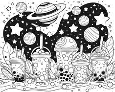 an image of drinks in space with planets and stars on the background, coloring book page