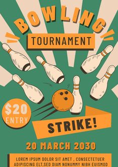 the bowling tournament flyer is shown in orange and green colors, with two pins coming out of