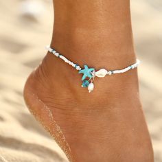 8.5-10" Blue Summer Anklets With Starfish Charm, Blue Anklet With Starfish Charm For Summer, Blue Starfish Charm Anklet For Summer, Blue Anklet With Starfish Charm For Vacation, Blue Starfish Charm Anklet For Vacation, Ocean-inspired Beaded Anklets For Summer, Star-shaped Summer Beach Jewelry, Summer Ocean-inspired Beaded Anklets, Beachy Strand Anklets For Beach Season