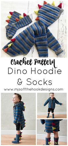 the crochet pattern for dino hoodie and socks is featured in this article