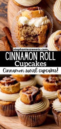 cinnamon roll cupcakes with icing and cinnamon on top