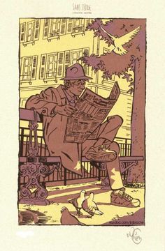 a drawing of a man sitting on a bench reading a newspaper while pigeons fly around him