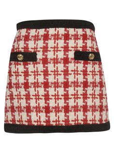 Gucci Tweed, Gucci Skirt, Png Clothes, Bold Color Schemes, Print Mini Skirt, Houndstooth Pattern, Red Wool, Black Trim