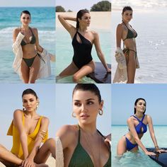 four photos of women in swimsuits at the beach