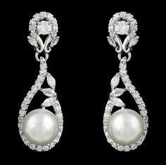 CZ and Pearl Drop Wedding Earrings me2515 - pierced or clip on-Affordable Elegance Bridal - Silver Pearl Diamond Earrings For Wedding, Gold Heart Studs, Wedding Earrings Drop, Prom Earrings, Bridal Necklace Set, Pearl Cream, Gold Diamond Earrings, Back Jewelry, Heart Earrings Studs