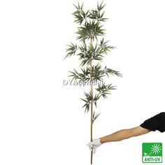 an artificial bamboo tree is shown with gloves on it