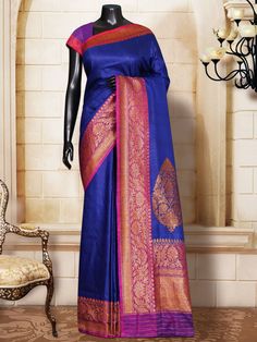 Navy Blue Pink Dupion Plain Contrast Border & Pallu Banarasi Handloom Saree Asian Clothing, Dupion Silk, Indian Textiles, Banarasi Saree, Indian Clothing, Silk Sarees Online, Asian Outfits, Varanasi, South Asian