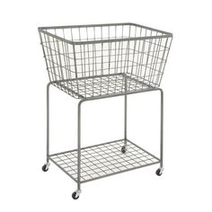 a metal wire basket on wheels