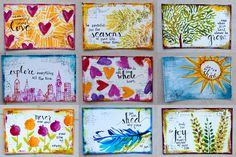 six handmade cards with different designs and words on them, all decorated in bright colors