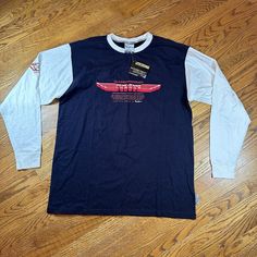 Brand New Dead Stock! Never Worn! Retro Long Sleeve Navy Top, Navy Retro Long Sleeve Top, Navy Long Sleeve Top With Graphic Print, Casual Long Sleeve Pre-shrunk Shirt, Navy Long Sleeve Retro Tops, Blue Pre-shrunk Long Sleeve Shirt, Y2k Baggy, Jeans Shirt, Hip Hop Streetwear