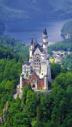 an aerial view of a castle in the middle of some trees and water with mountains in the background