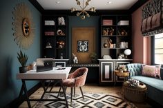 a living room filled with furniture next to a desk and bookshelf on top of a hard wood floor