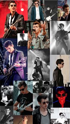 many different pictures of the same person in black and white, with one man playing guitar