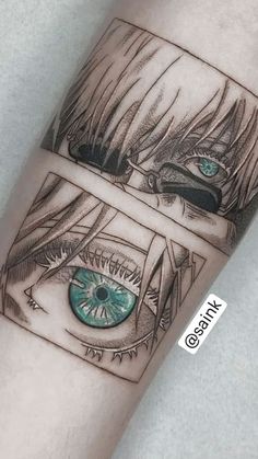 an eye tattoo on the arm with blue and green eyes in it's reflection