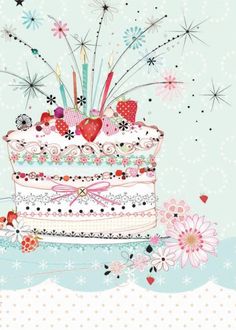 a birthday cake with candles and flowers on it's top is surrounded by stars