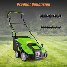 an electric lawn mower is shown in the middle of a grassy field with several attachments