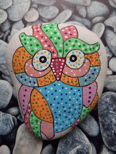 an owl painted on top of a rock surrounded by rocks and pebbles, with the colors of multi - colored polka dots