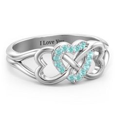 Sterling Silver Triple Heart Infinity Ring with Mint Swarovski Zirconia Stones | Jewlr Heart Infinity Ring, Daughter Ring, Triple Heart, Mother Rings, Infinity Heart, Infinity Ring, Infinity Symbol, Silver Prices, Two Hearts