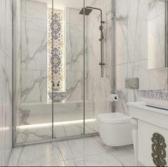 a bathroom with marble walls and flooring is shown in this artist's rendering