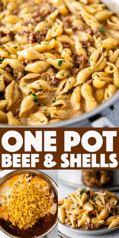 one pot beef and shells in a skillet with the words, one pot beef and shells