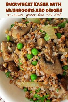 a white bowl filled with rice and mushrooms