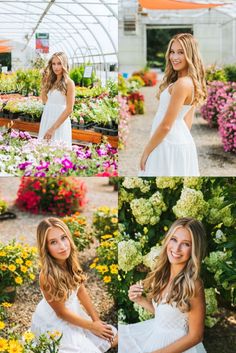 two beautiful young women in white dresses are posing for pictures at a flower shop, surrounded by flowers and greenery