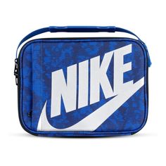 a blue and white bag with the word nike printed on it's front pocket