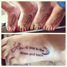 two pictures of feet with tattoos and the words love you to the moon and back