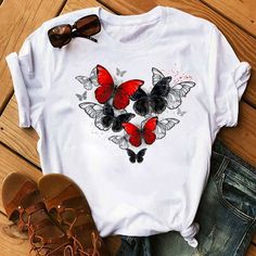 Casual Round Neck Short Slee Top Tee Woman Butterfly, Funny Sports Shirts, Butterfly Tree, Tee Shirt Fashion, T Shirt Flowers, Female Shorts, Bicycle Women, Shirts Women Fashion, Top Shirt Women