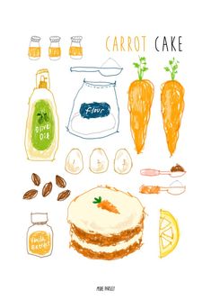 carrot cake surrounded by other ingredients and condiments on a white background with the words carrot cake