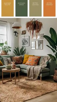 a living room filled with furniture and lots of plants in shades of orange, green, yellow