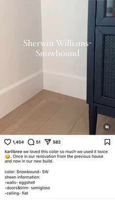 an image of a bathroom with wood flooring and white walls, including the words sherylin williams snowbound