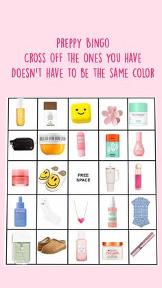 a grid with different items on it and the words, prepp bingo cross off the ones you have doesn't have to be the same color