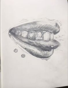 a pencil drawing of an animal's mouth and teeth with bubbles coming out of it