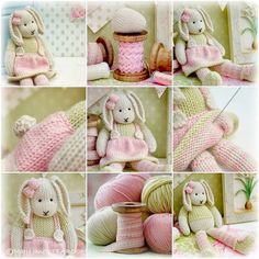 there are many pictures of stuffed animals in pink and white crocheted outfits with yarn