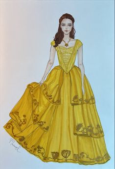 a drawing of a woman in a yellow dress with flowers on the skirt and sleeves