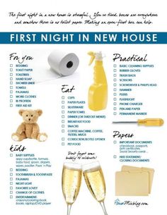 the first night in new house checklist includes champagne, toiletries and teddy bear