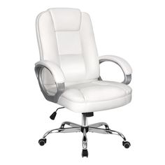 a white office chair with chrome legs and armrests on an isolated white background