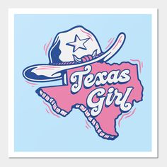 the texas girl logo is shown in pink and blue with a cowboy's hat on top