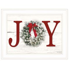 a christmas card with the word joy written in red and white on top of a wreath