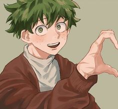 an anime character with green hair making the shape of a hand gesture while wearing a brown jacket