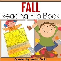 the fall reading flip book is open and has an image of a boy jumping over leaves