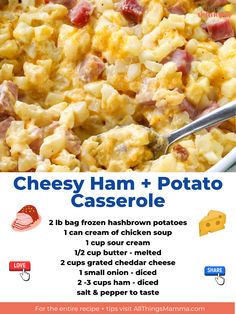 the recipe for cheesy ham and potato casserole is shown in this poster