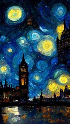 the big ben clock tower is lit up at night with stars in the sky above it