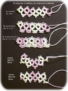 four crocheted bracelets are shown in three different colors and sizes, one is pink, the other is white