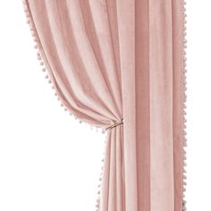 a pink curtain with pom poms hanging from it's side and the top half open