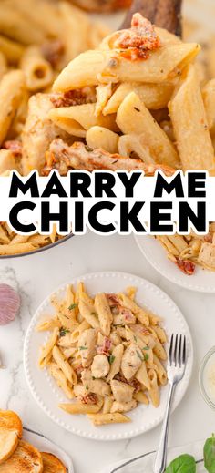 this is an image of a meal with chicken and pasta on the side, along with text overlay that reads mary me chicken