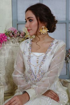 Ivory Bliss | Pakistani Designer Outfit | Sarosh Salman Pearl Work, Designer Outfit, Pure Chiffon, Embroidered Organza, Abaya Designs, Swarovski Stones, Chiffon Dupatta, Pin Tucks, Pants Straight