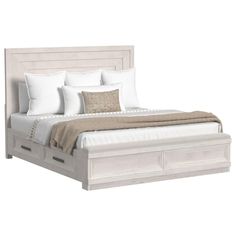 a white bed with drawers underneath it and pillows on the headboard, along with two throw pillows